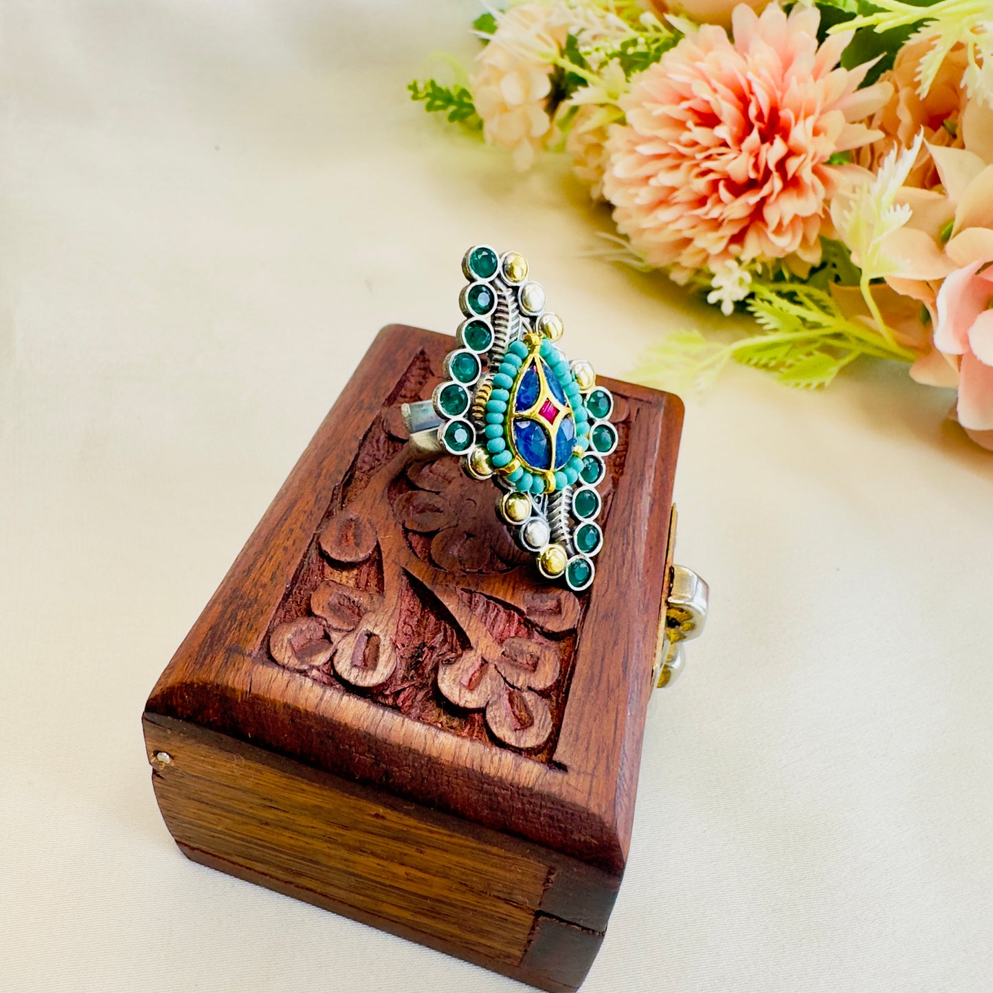 Pachi Kundan Silver Replica Ring
