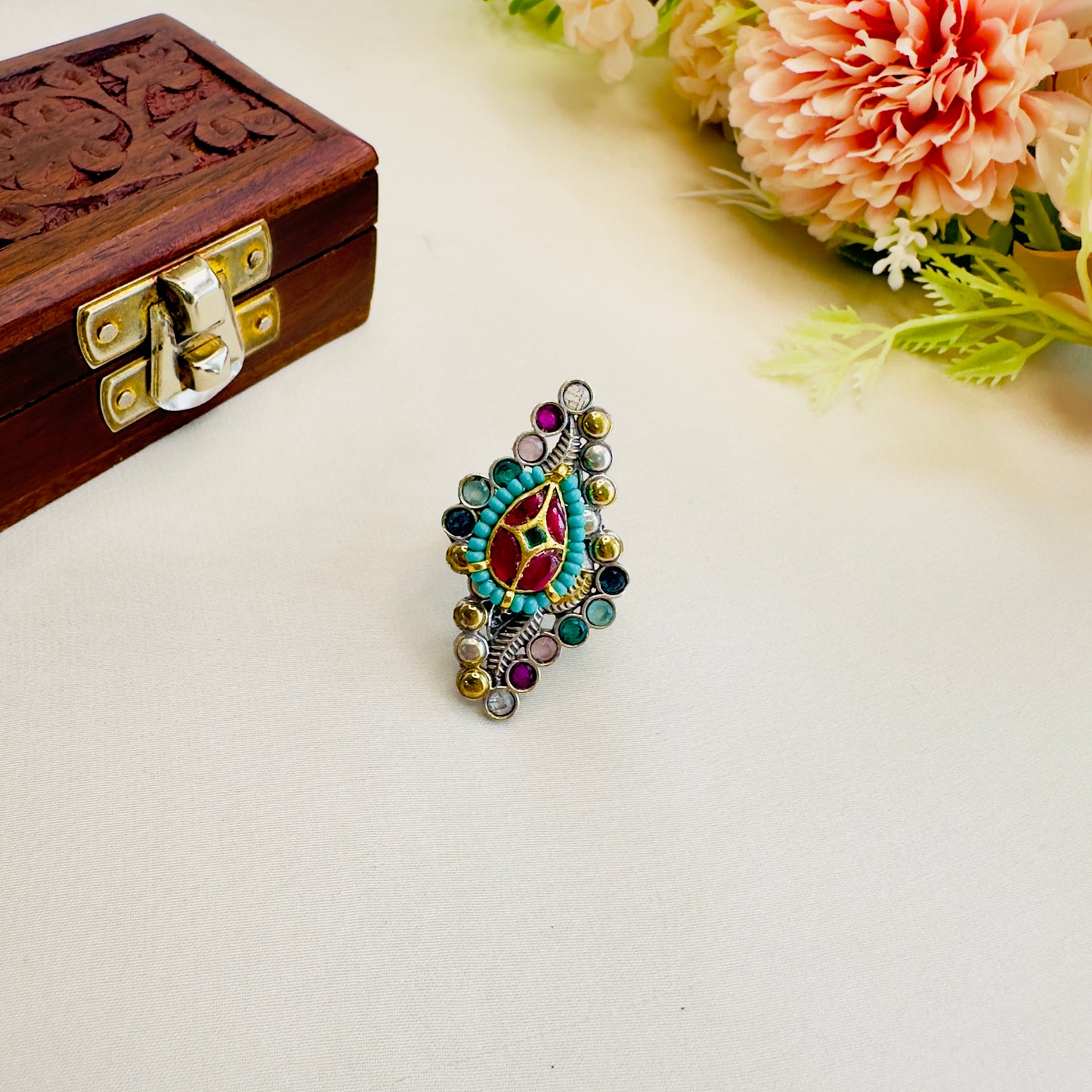 Pachi Kundan Silver Replica Ring