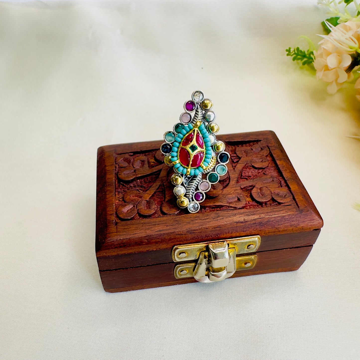 Pachi Kundan Silver Replica Ring