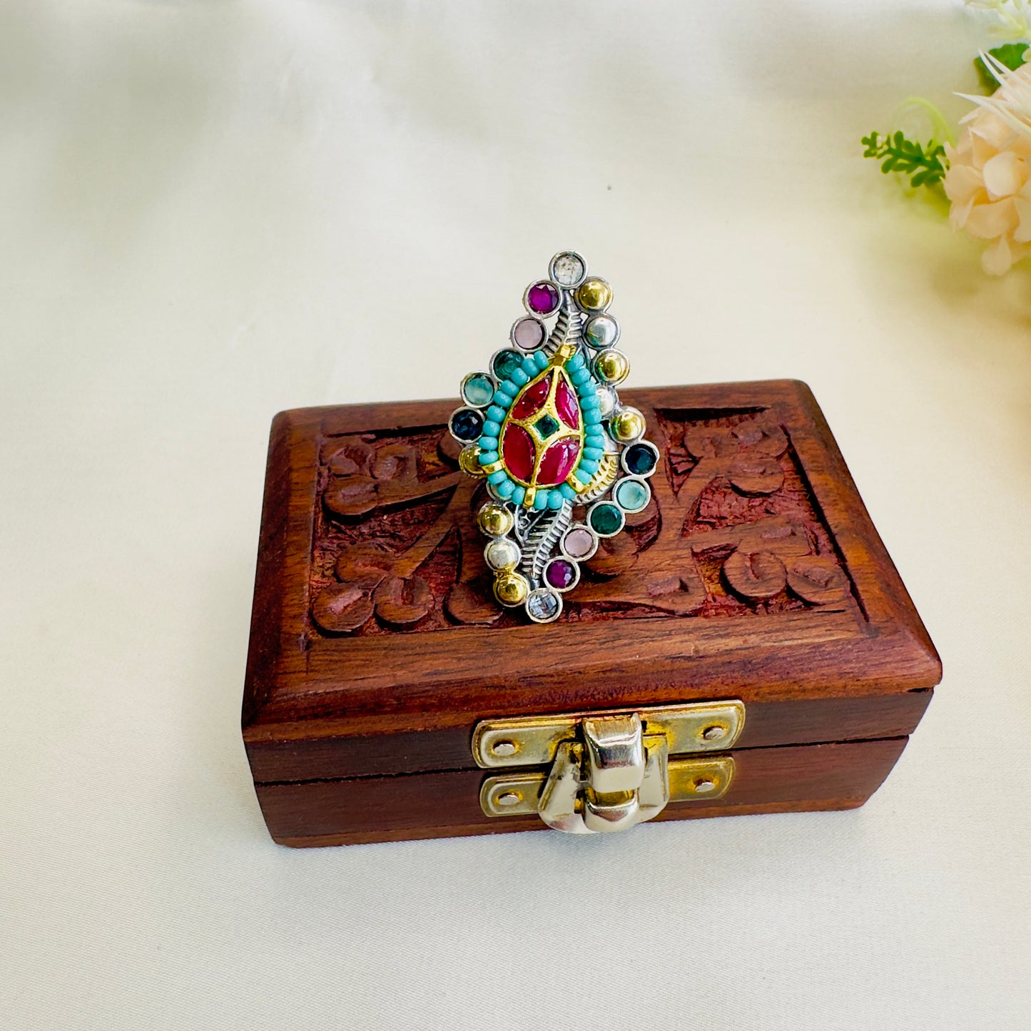 Pachi Kundan Silver Replica Ring