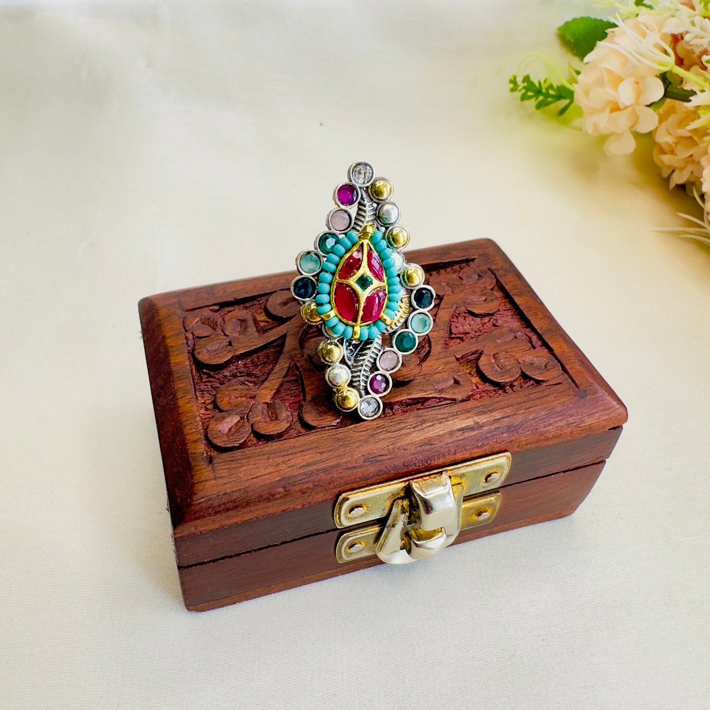 Pachi Kundan Silver Replica Ring