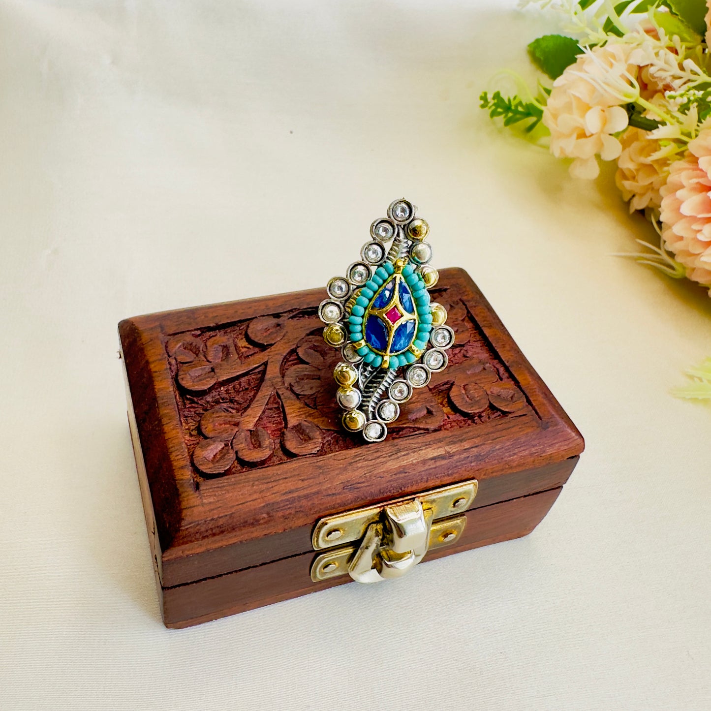Pachi Kundan Silver Replica Ring
