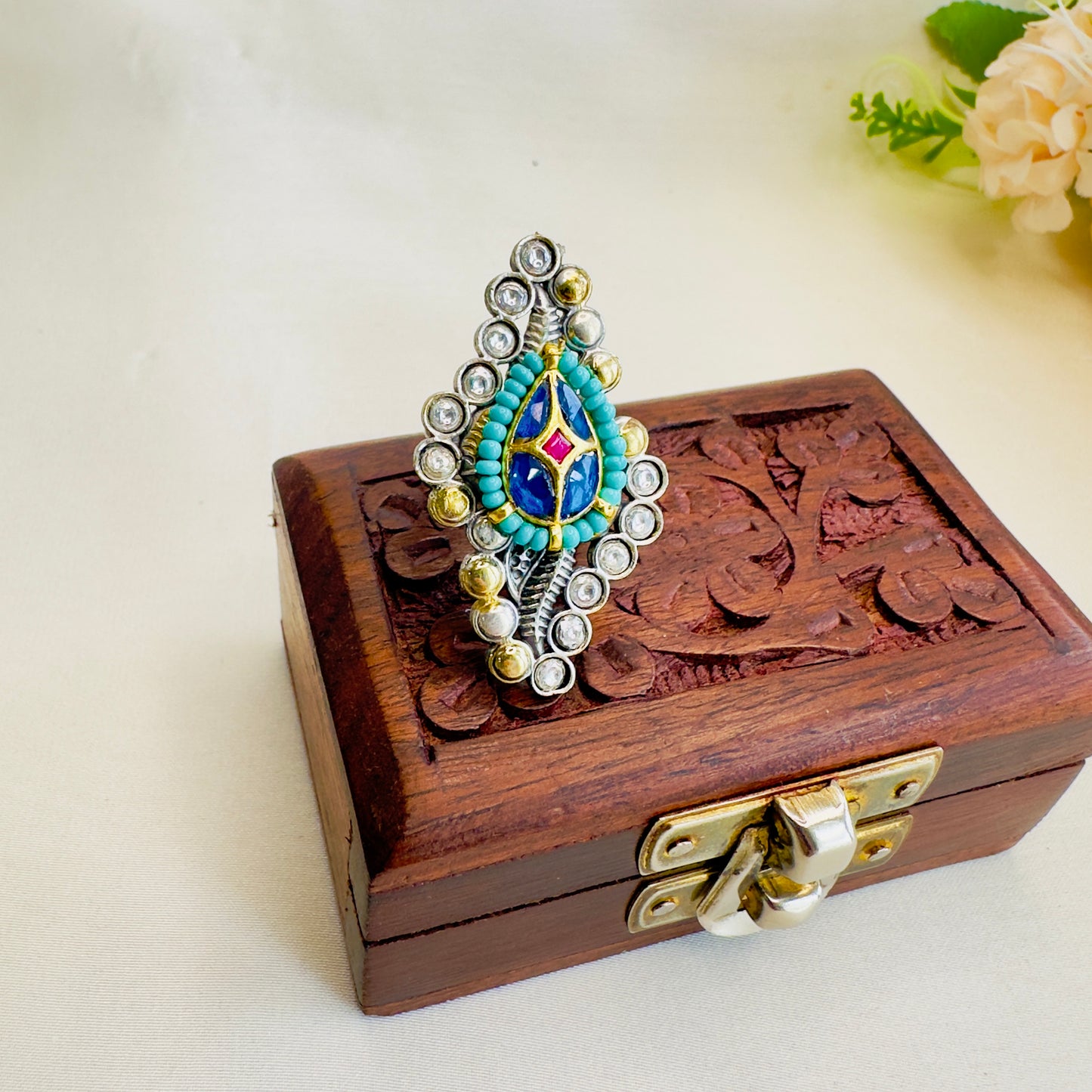 Pachi Kundan Silver Replica Ring