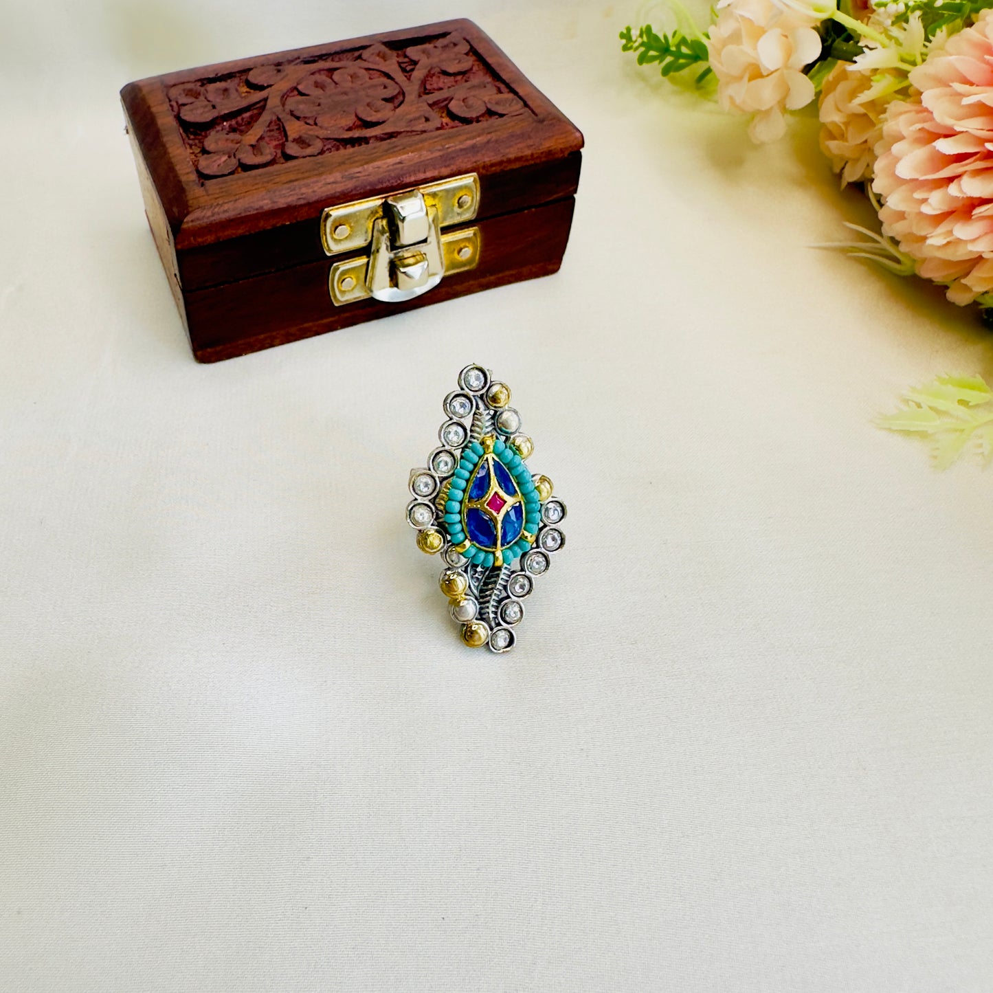 Pachi Kundan Silver Replica Ring