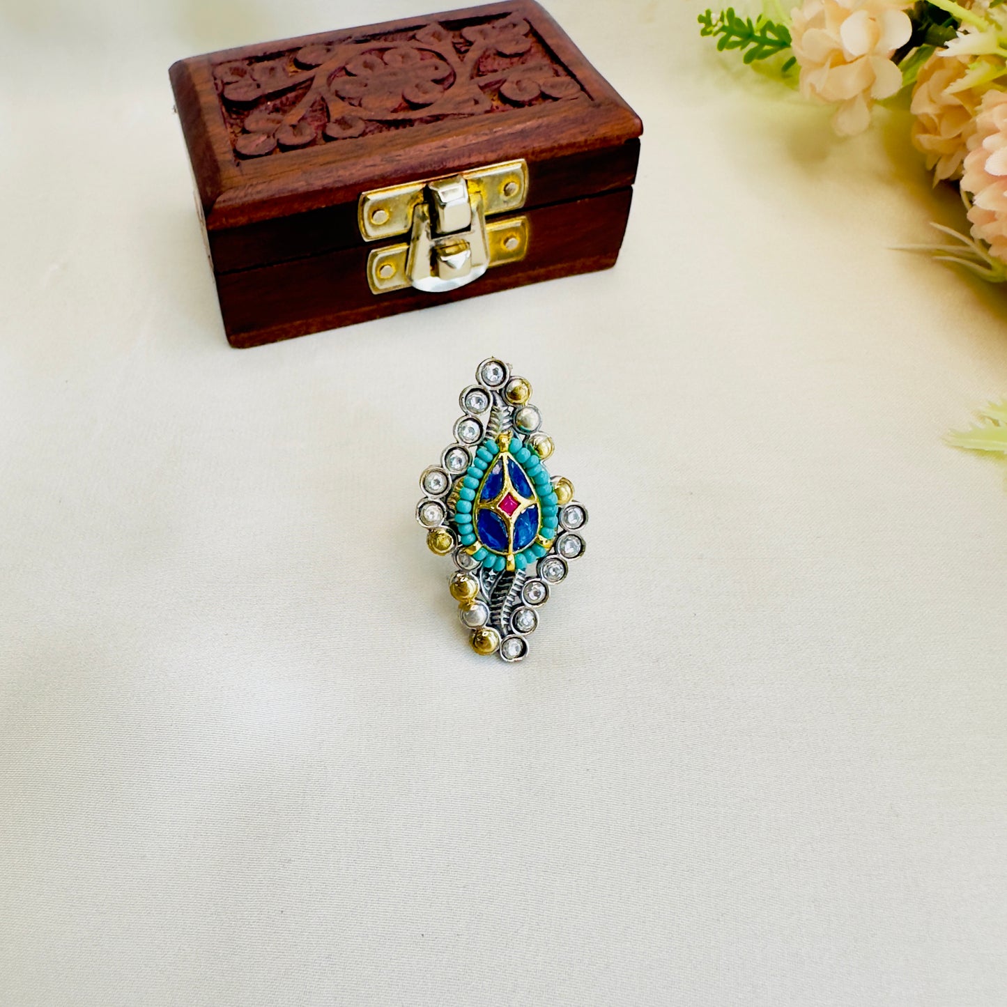 Pachi Kundan Silver Replica Ring