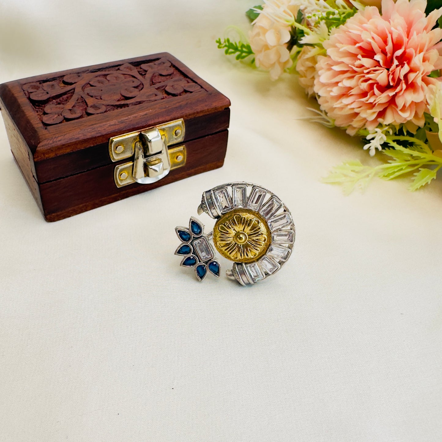 Dual Tone Stone work Silver Replica Ring