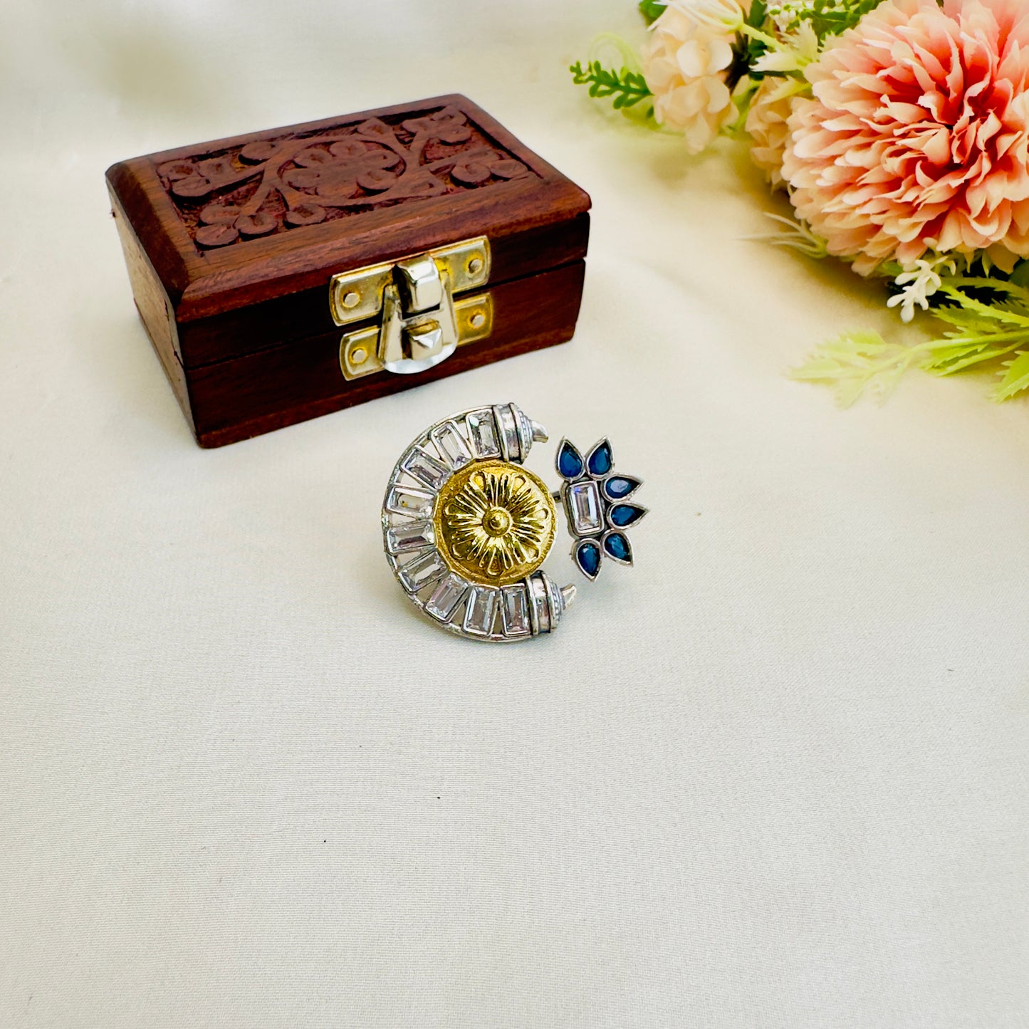 Dual Tone Stone work Silver Replica Ring