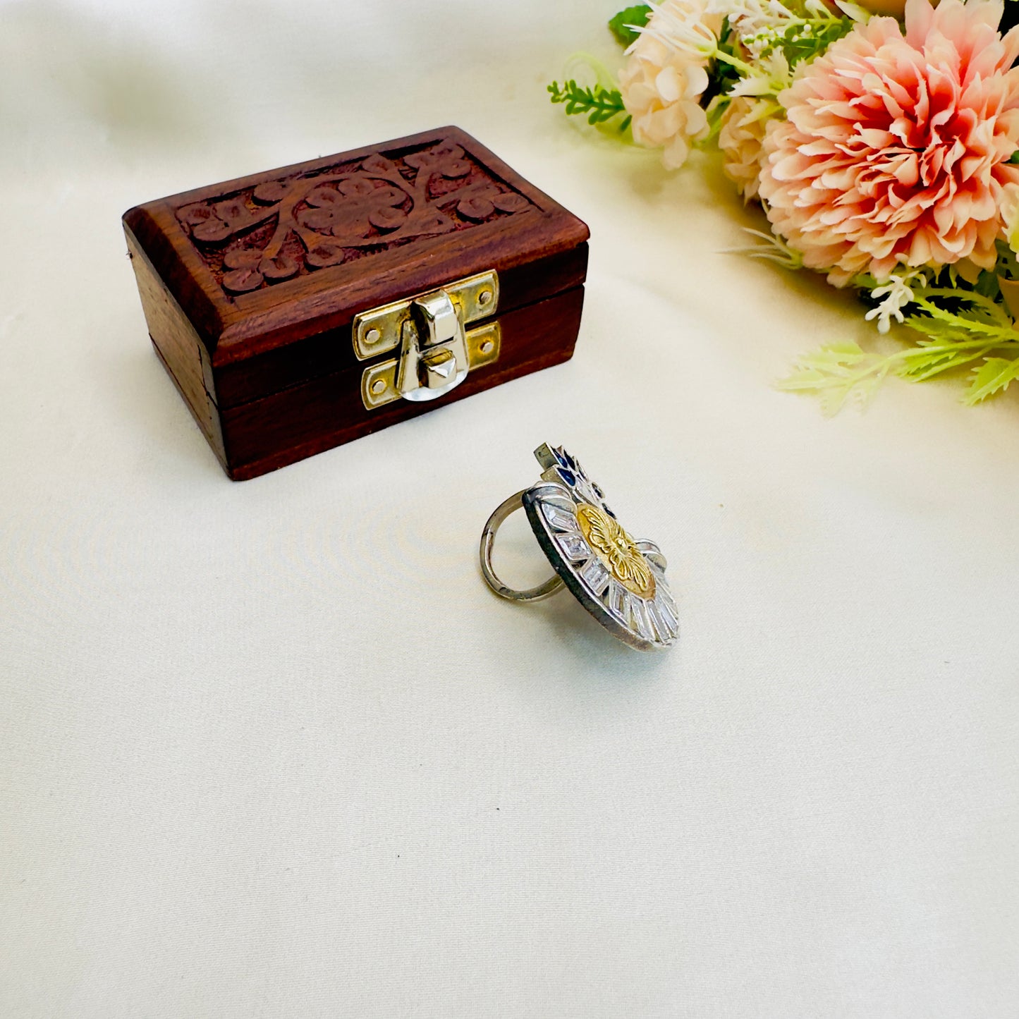 Dual Tone Stone work Silver Replica Ring
