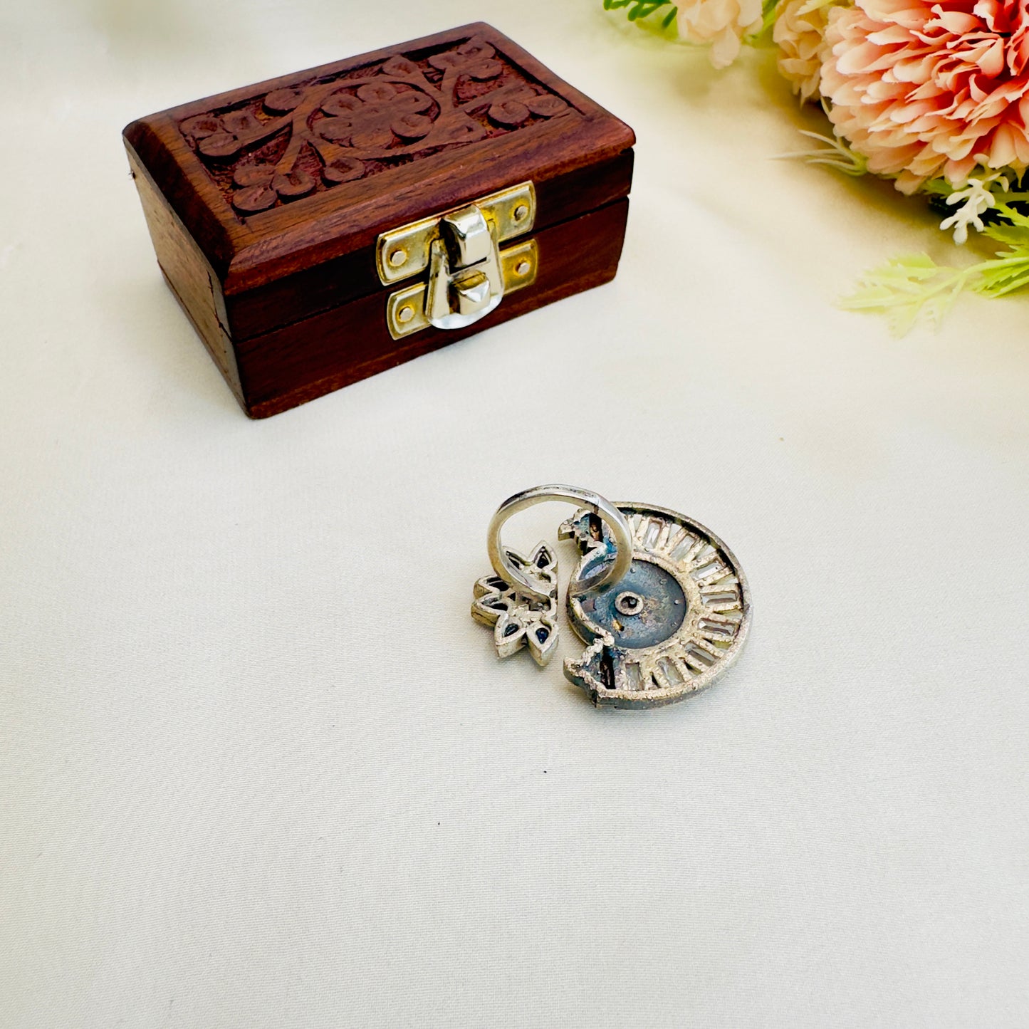 Dual Tone Stone work Silver Replica Ring
