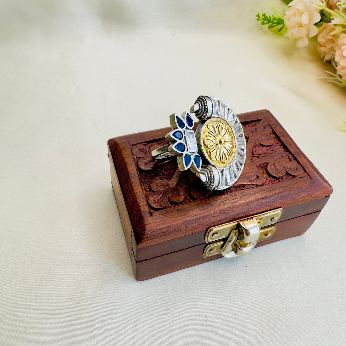 Dual Tone Stone work Silver Replica Ring