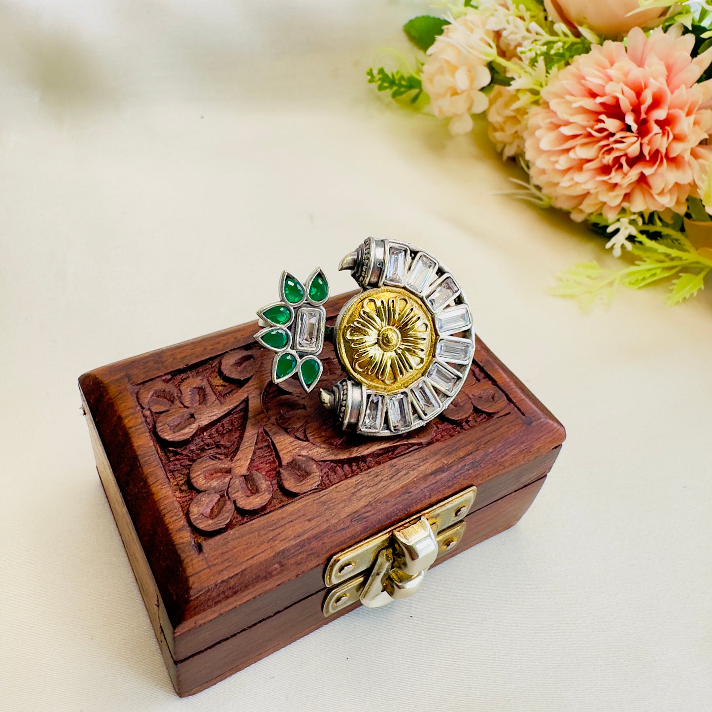 Dual Tone Stone work Silver Replica Ring
