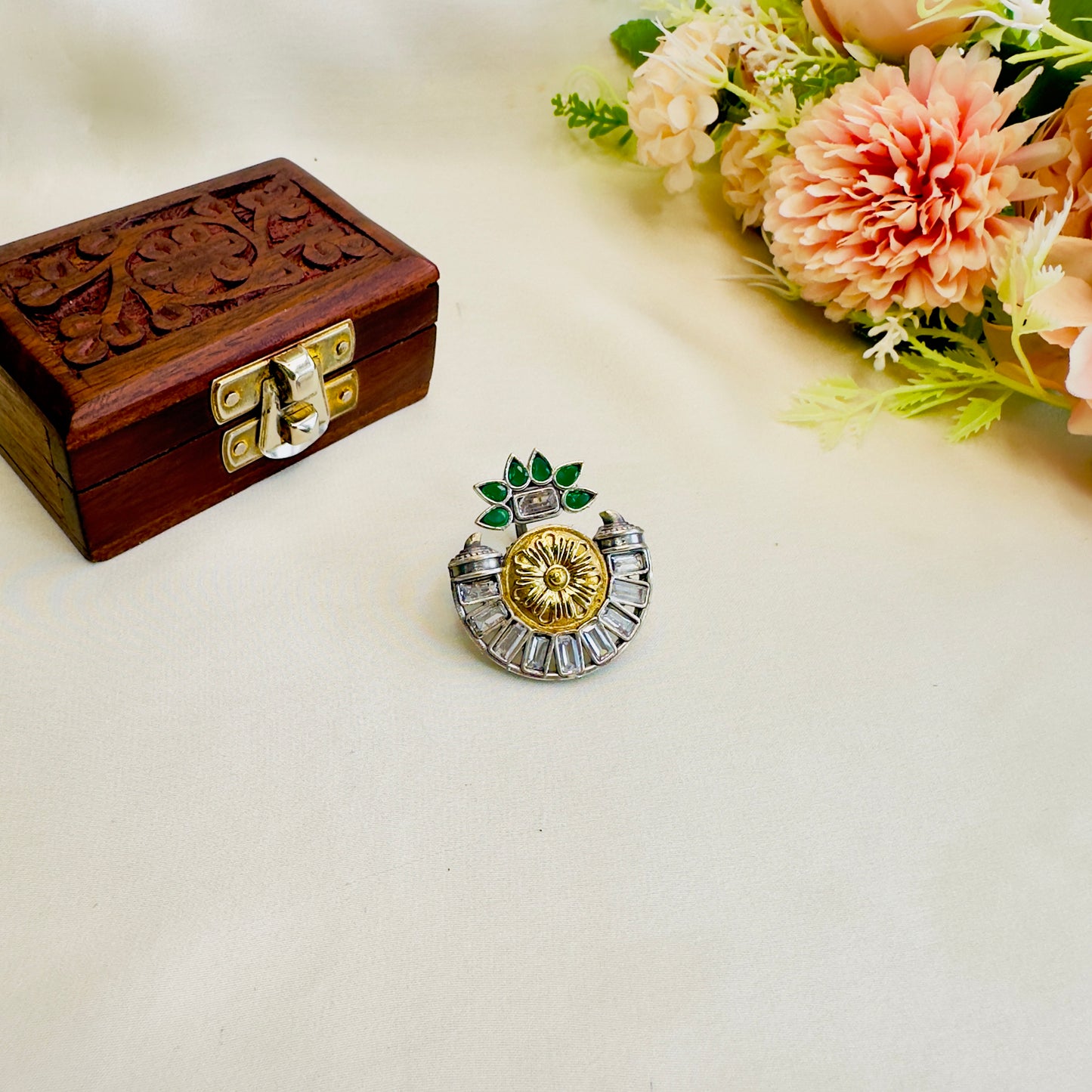 Dual Tone Stone work Silver Replica Ring