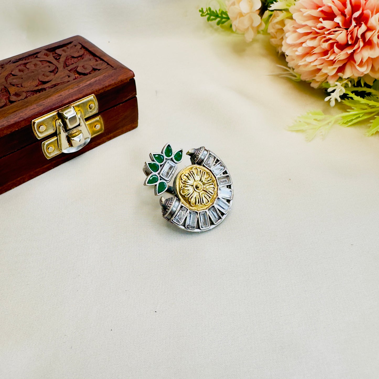 Dual Tone Stone work Silver Replica Ring