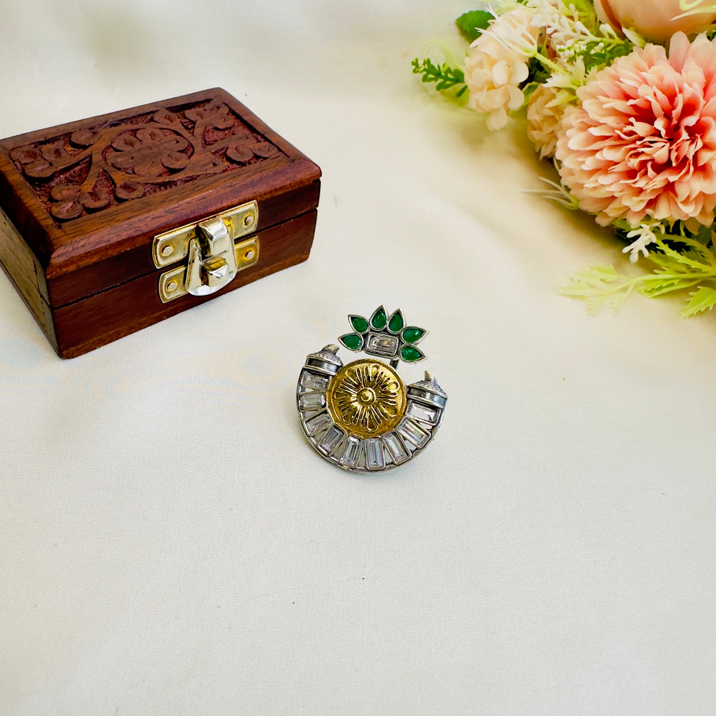 Dual Tone Stone work Silver Replica Ring