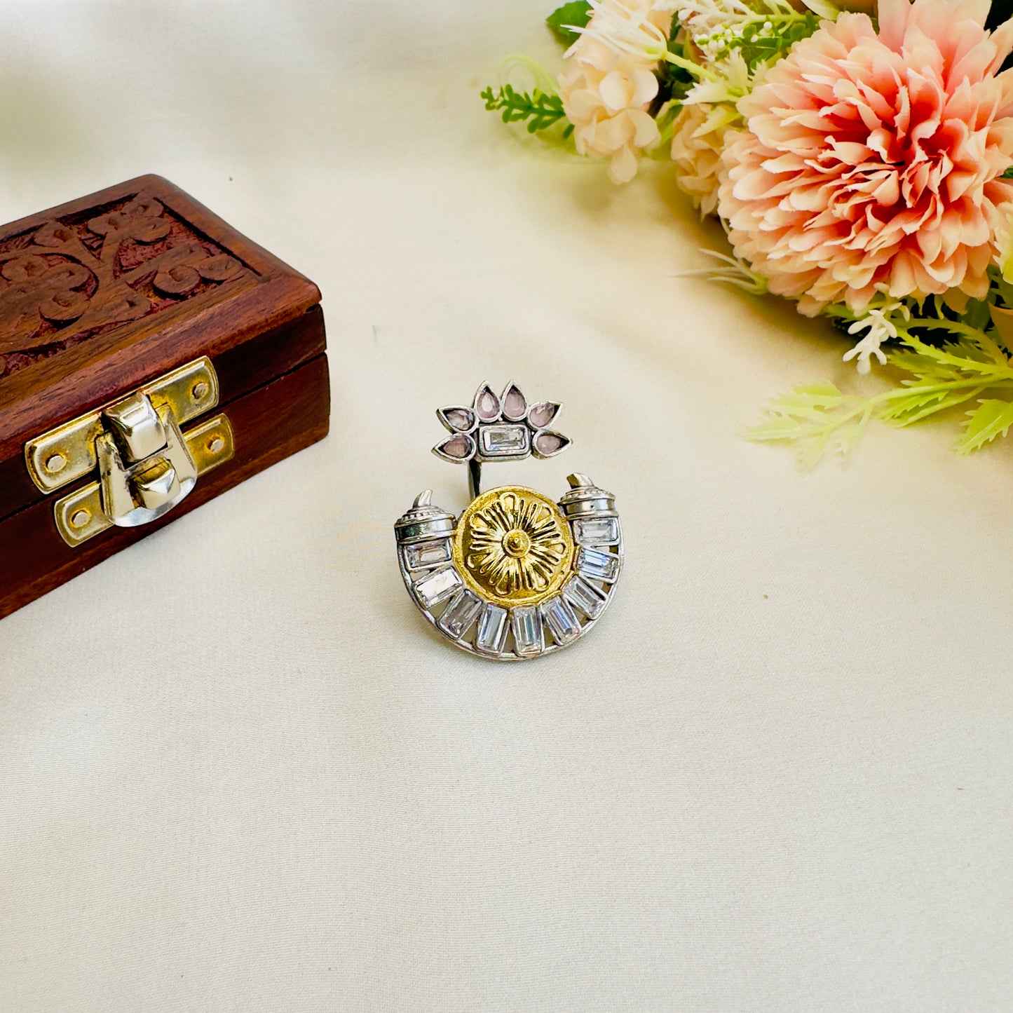 Dual Tone Stone work Silver Replica Ring