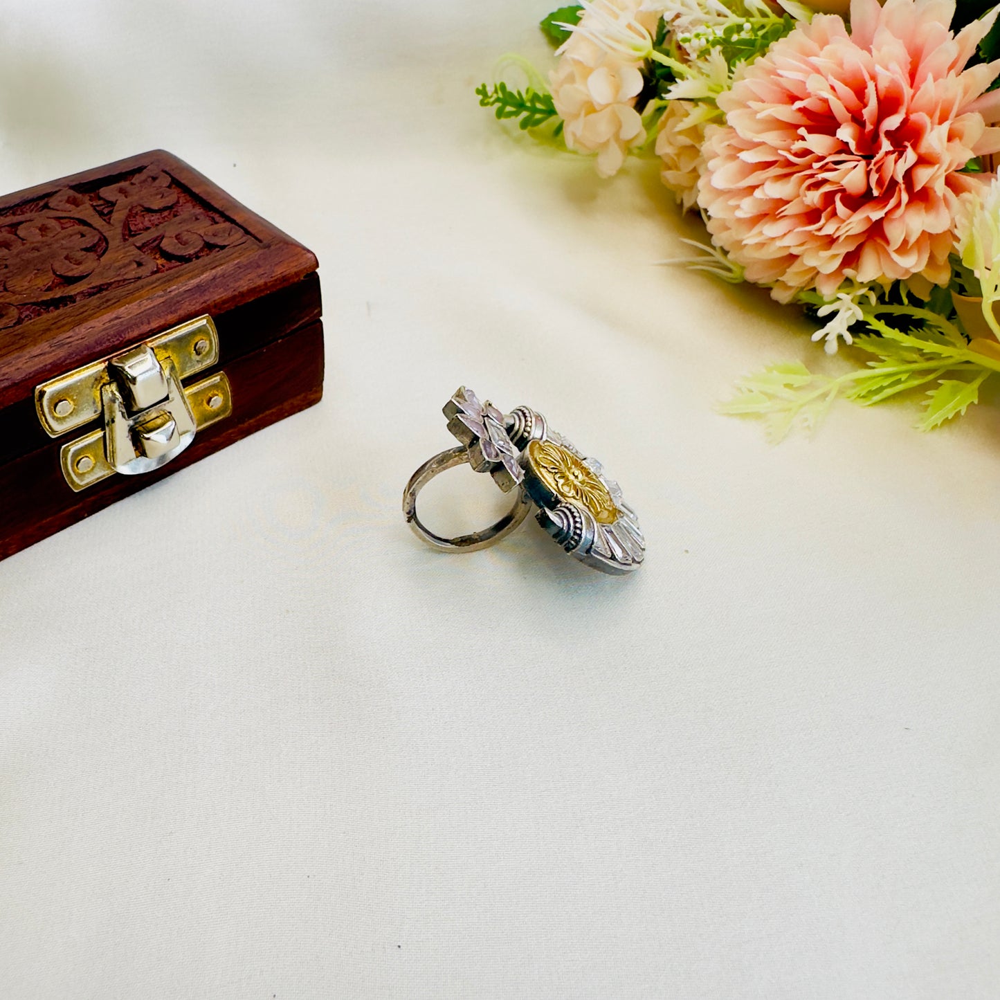 Dual Tone Stone work Silver Replica Ring