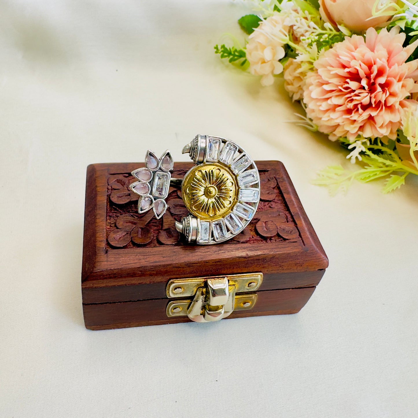 Dual Tone Stone work Silver Replica Ring