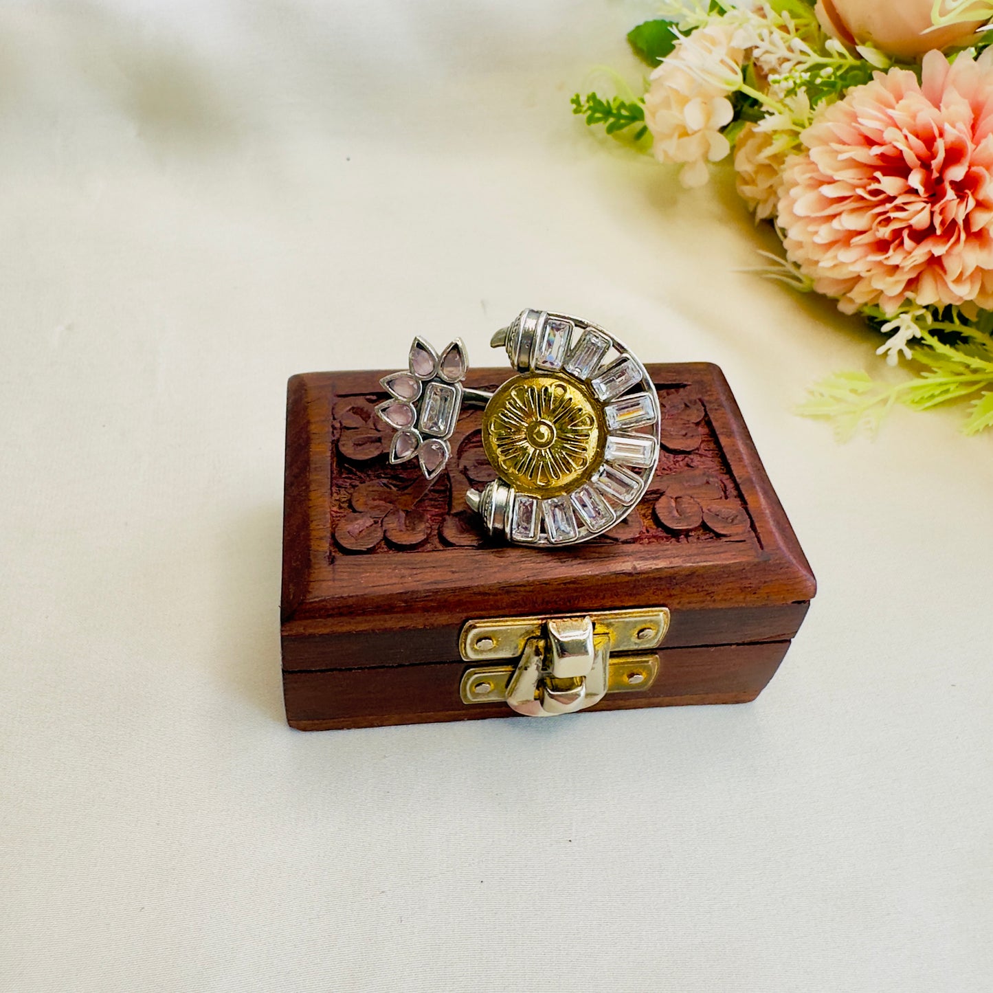 Dual Tone Stone work Silver Replica Ring