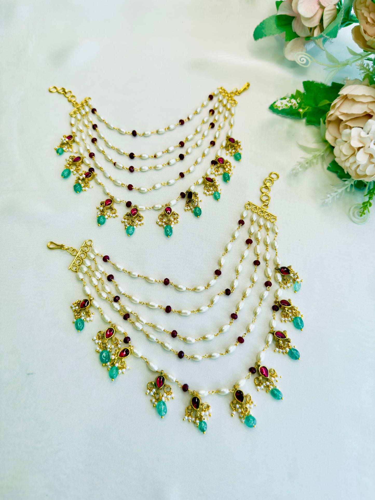 Rice Pearl Pink Jadau Ear chains