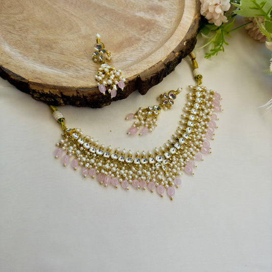 White Pachi Pink Beads Necklace Set