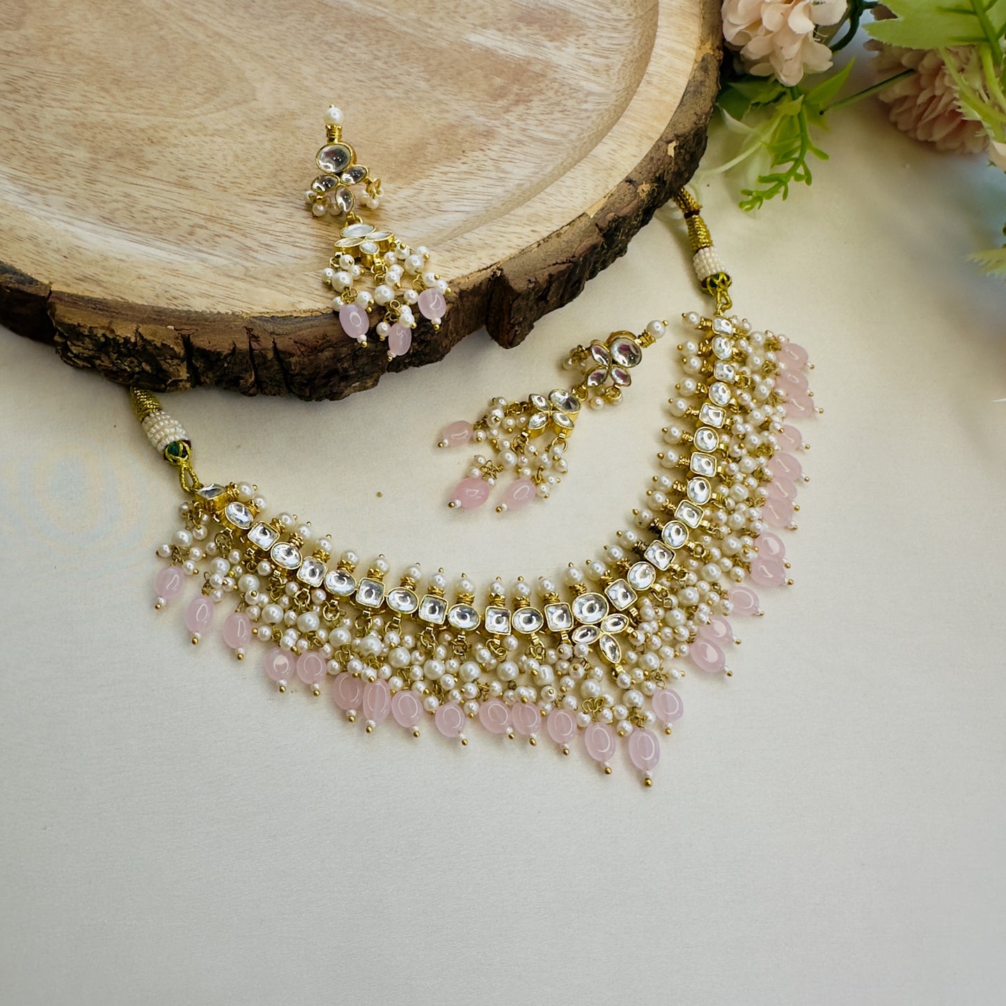 White Pachi Pink Beads Necklace Set