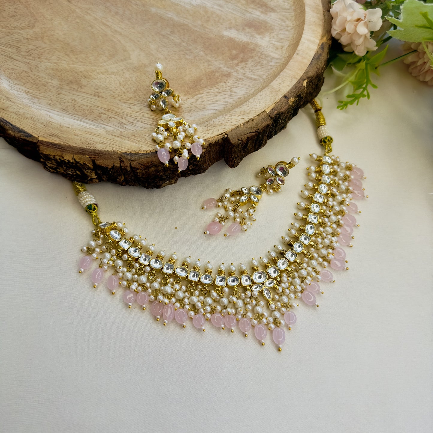 White Pachi Pink Beads Necklace Set