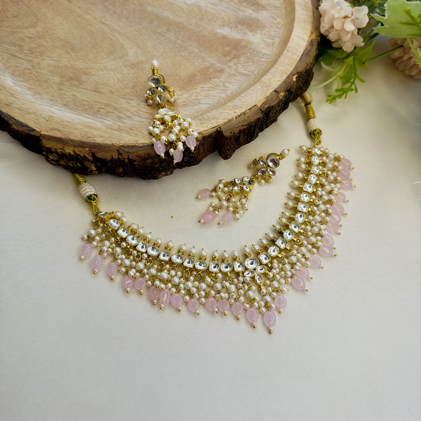 White Pachi Pink Beads Necklace Set