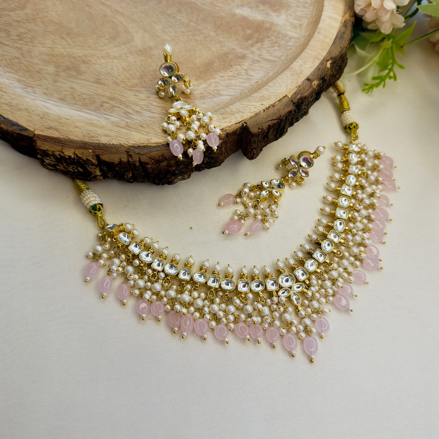White Pachi Pink Beads Necklace Set