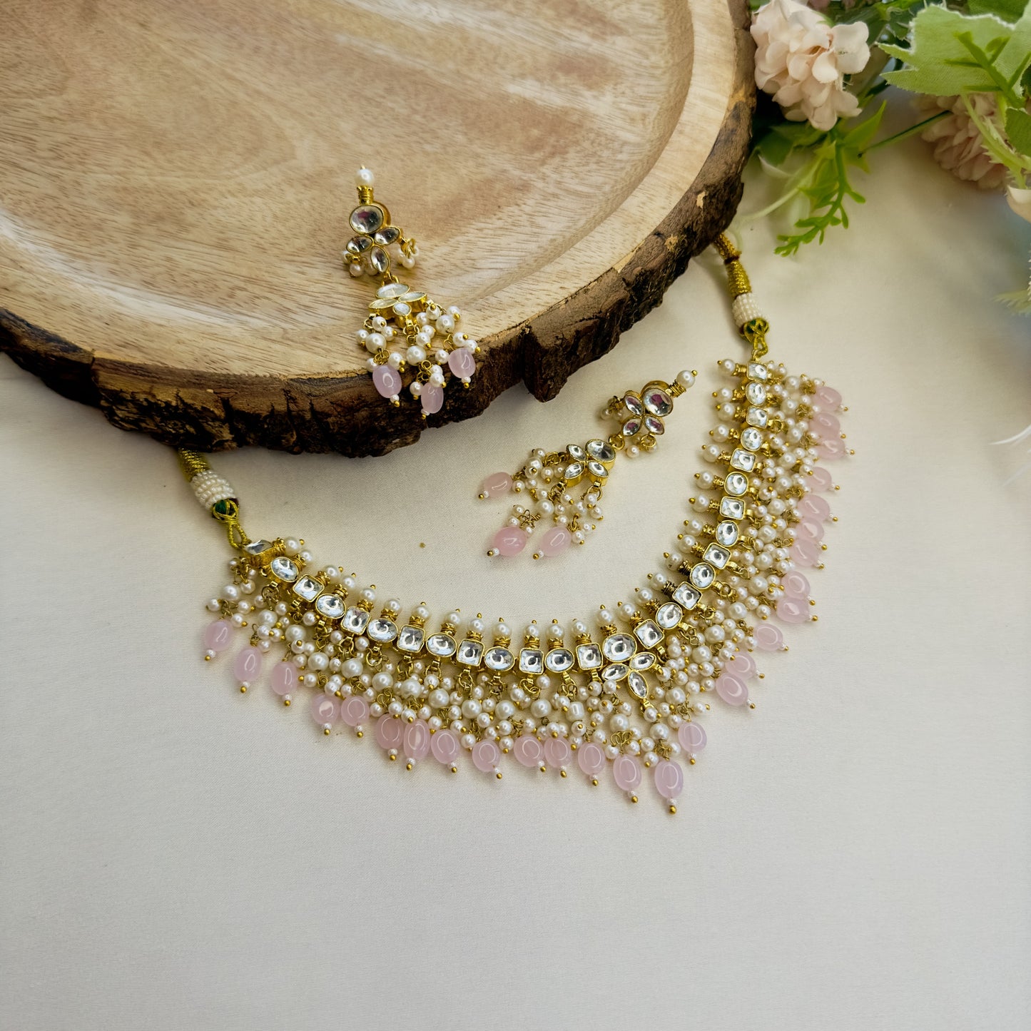 White Pachi Pink Beads Necklace Set