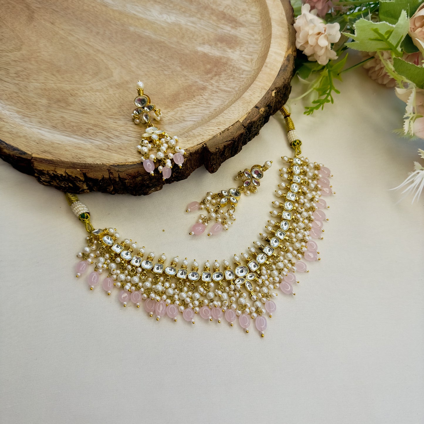 White Pachi Pink Beads Necklace Set
