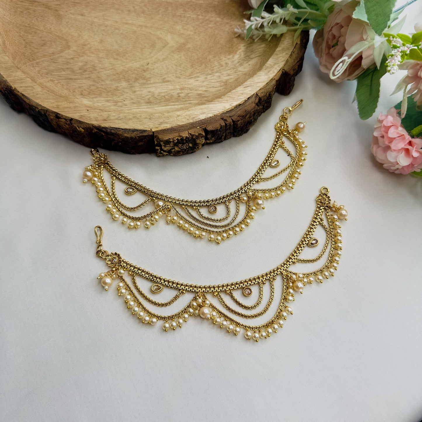 Layered Pearl and Reverse AD Ear Chains