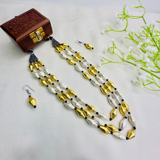 Three layered Silver Golden mala with earrings
