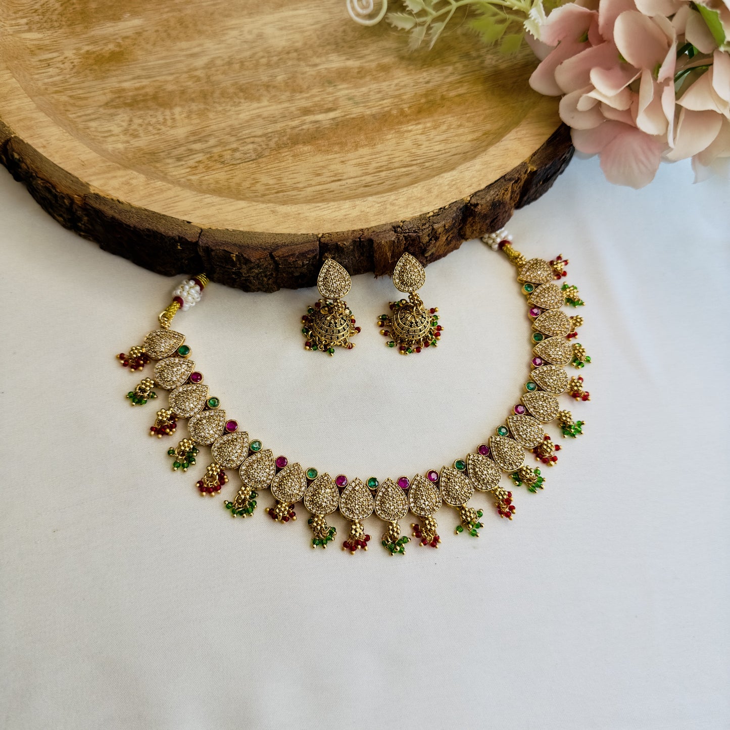 Ruby Green Multicolor AD Necklace Set