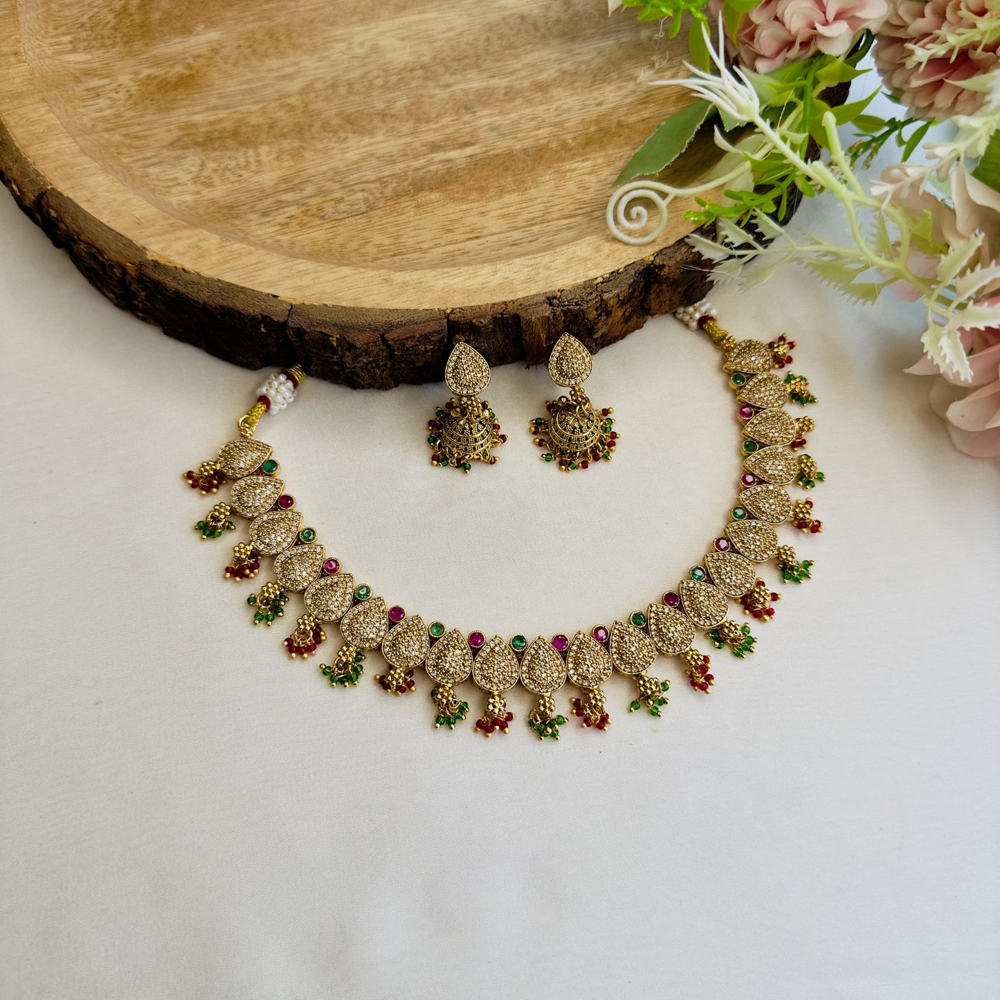 Ruby Green Multicolor AD Necklace Set