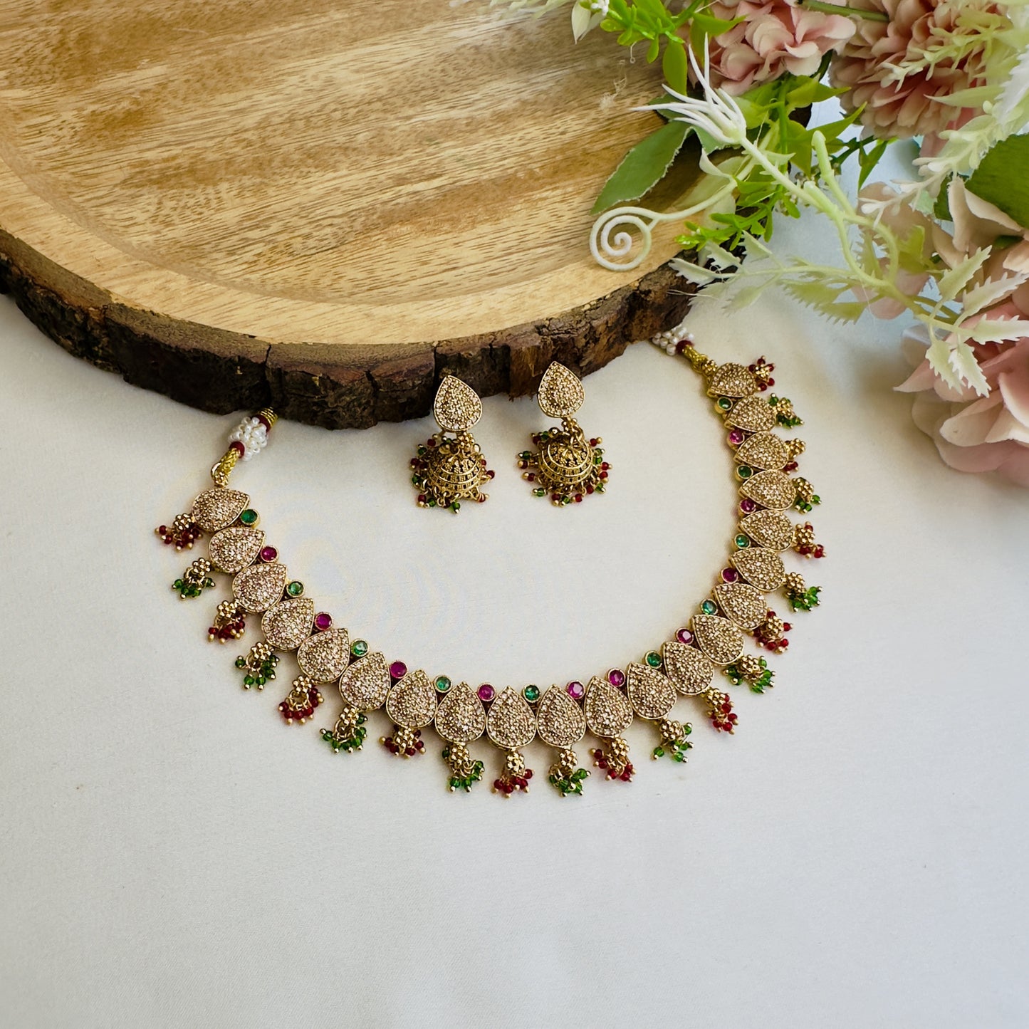 Ruby Green Multicolor AD Necklace Set
