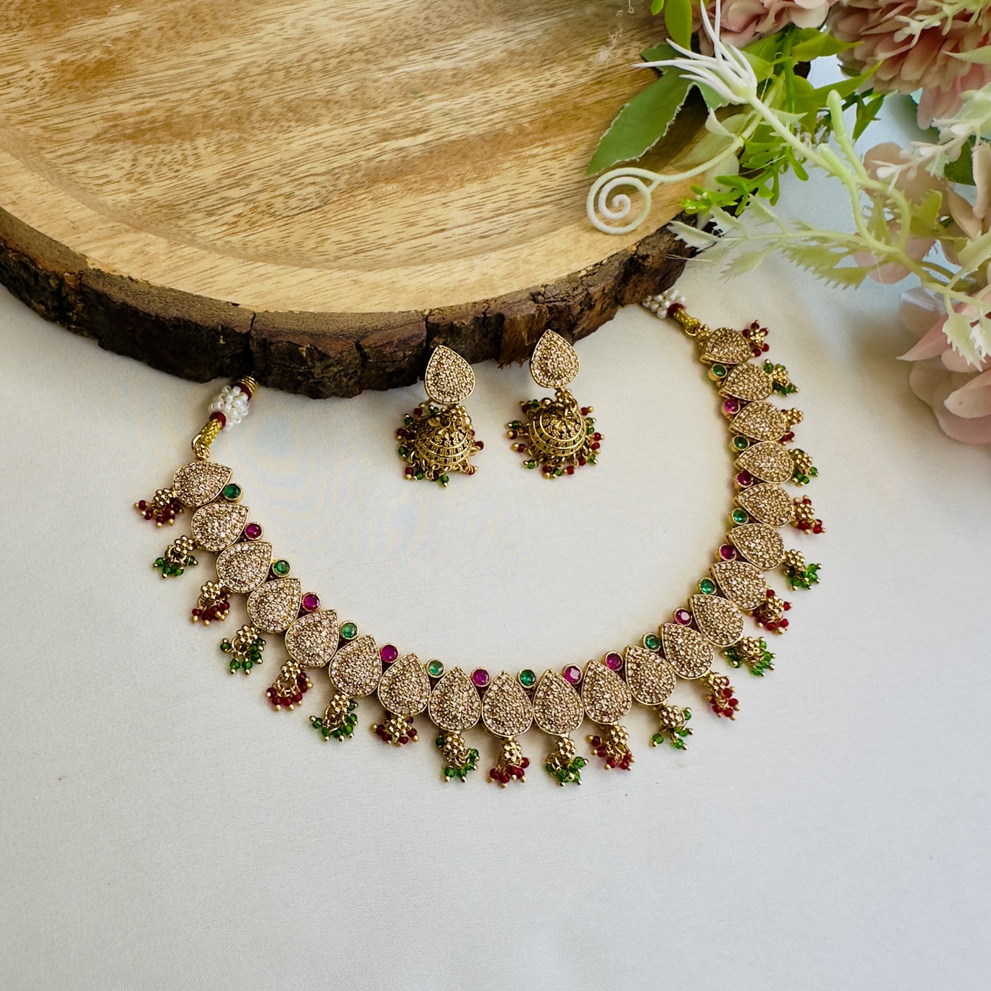 Ruby Green Multicolor AD Necklace Set