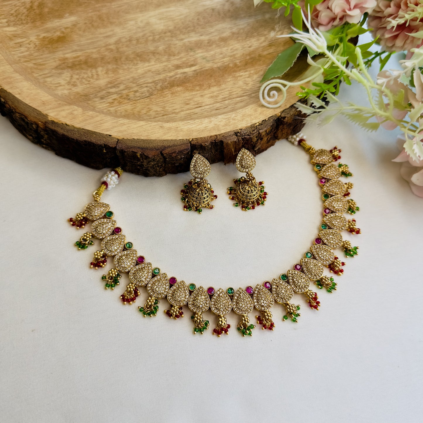 Ruby Green Multicolor AD Necklace Set