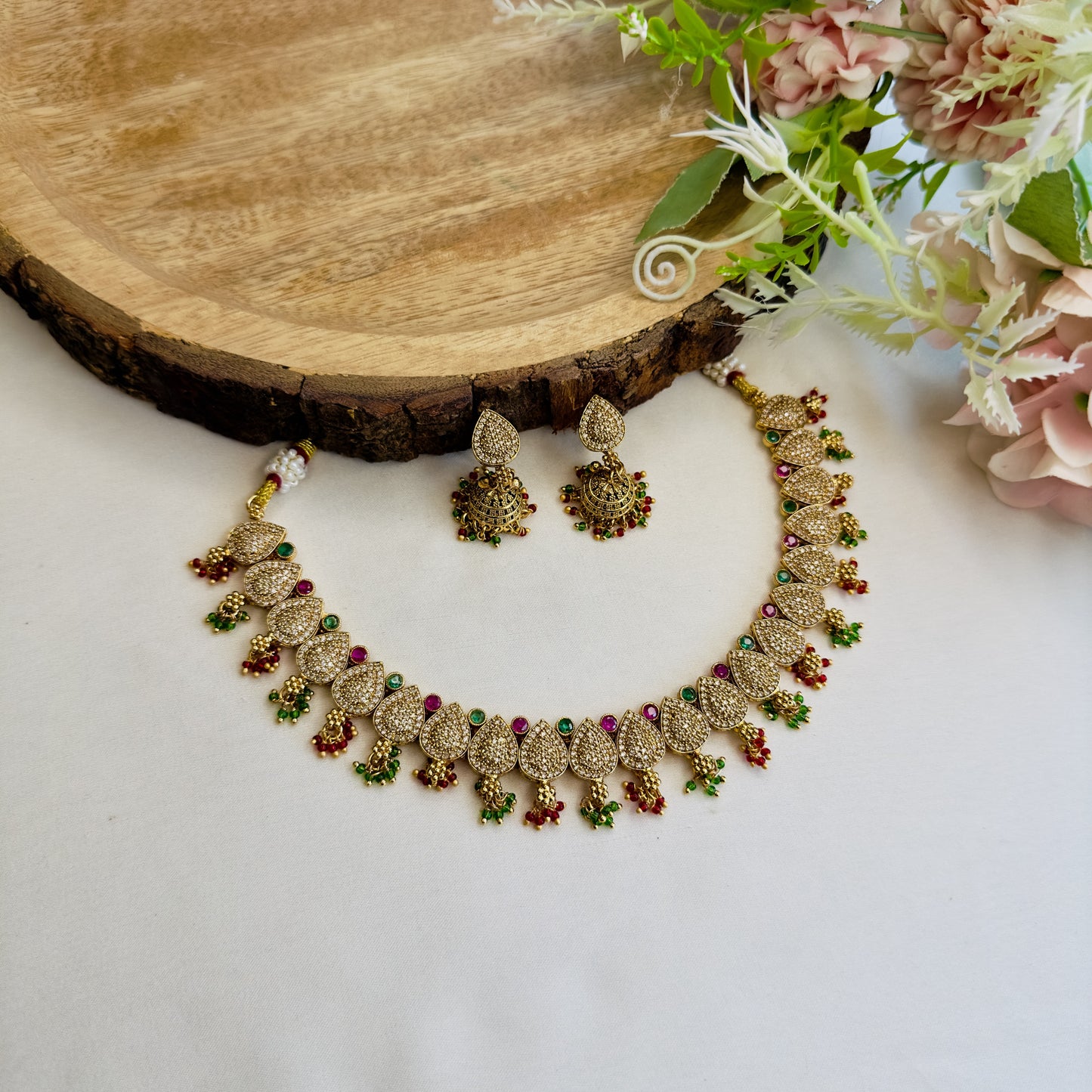 Ruby Green Multicolor AD Necklace Set