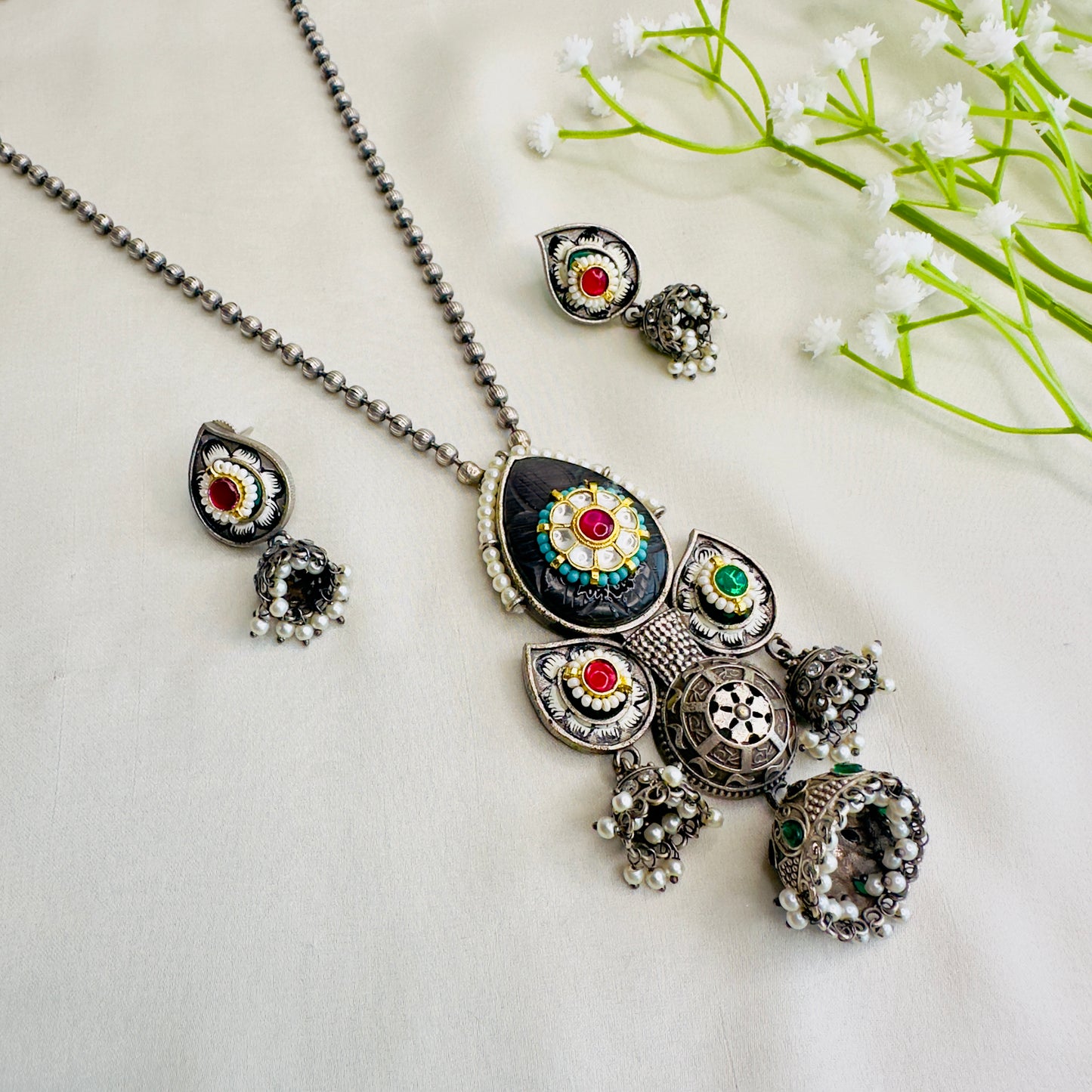 Three Silver Jhumki Necklace set