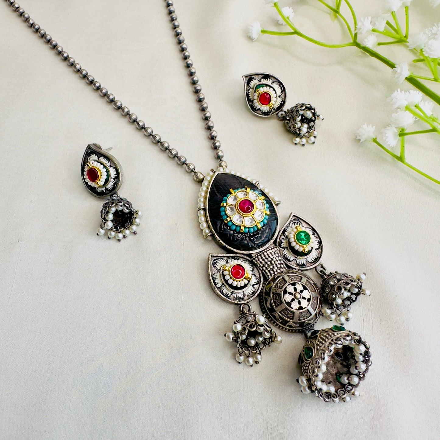 Three Silver Jhumki Necklace set