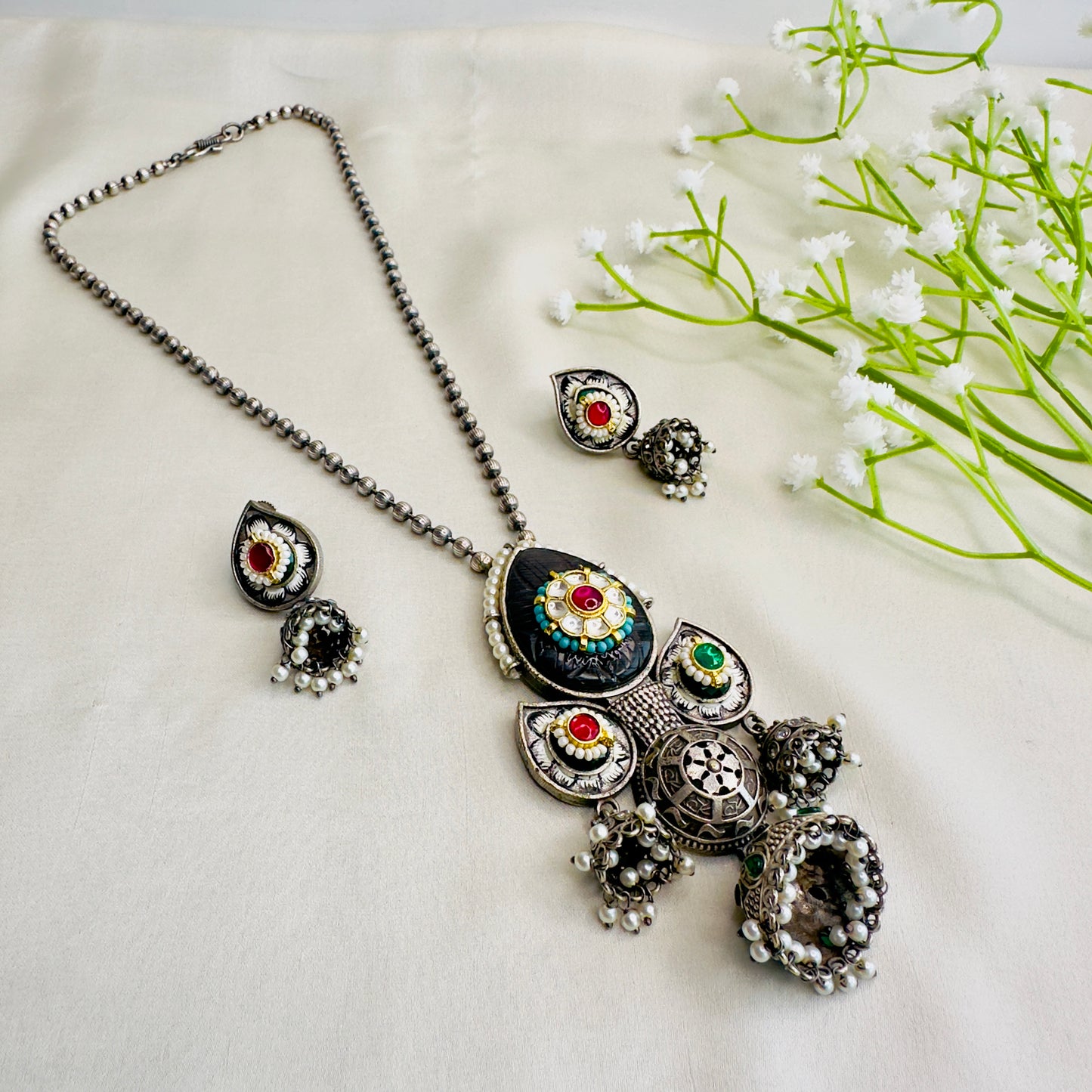 Three Silver Jhumki Necklace set