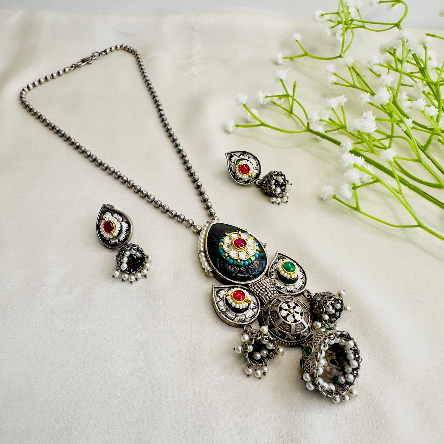 Three Silver Jhumki Necklace set