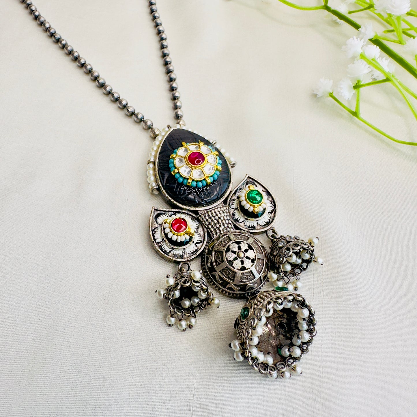 Three Silver Jhumki Necklace set