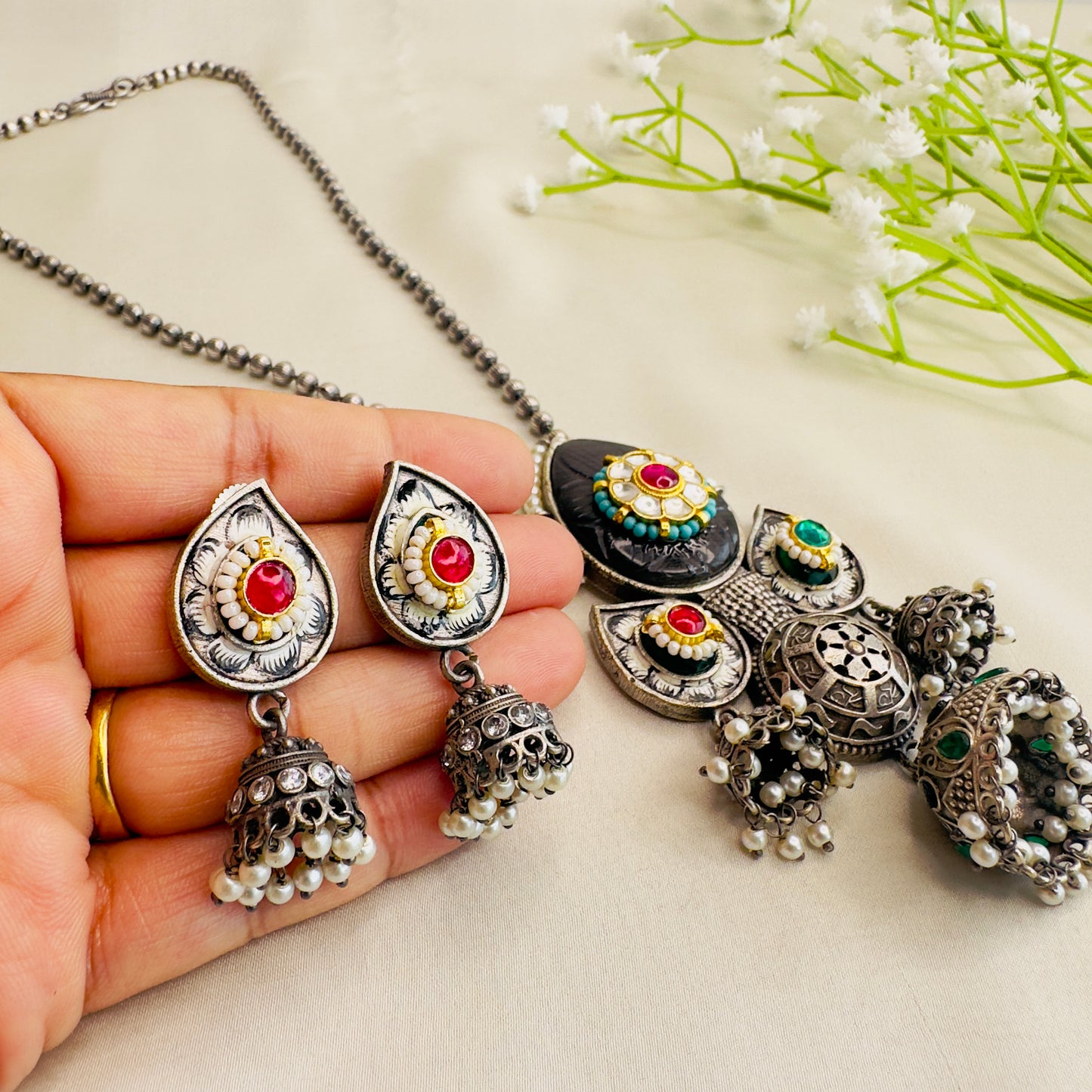 Three Silver Jhumki Necklace set