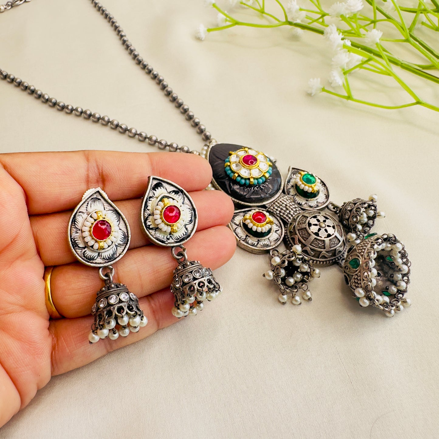 Three Silver Jhumki Necklace set