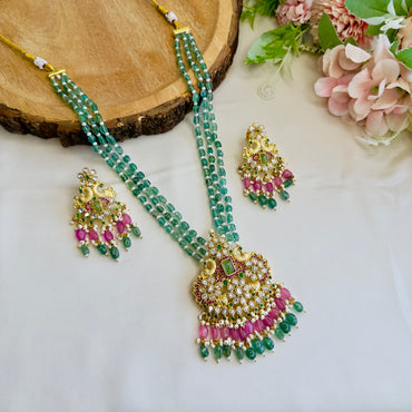 Mint Pink Peacock Design Pendant Necklace Set