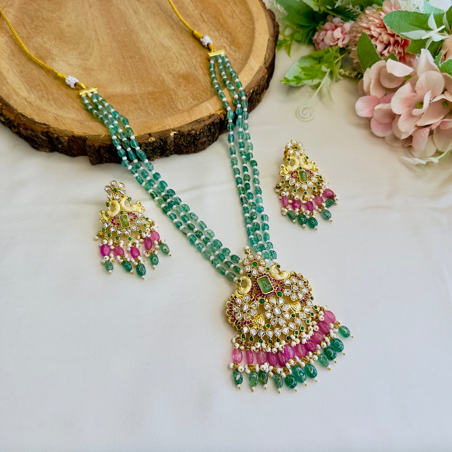 Mint Pink Peacock Design Pendant Necklace Set