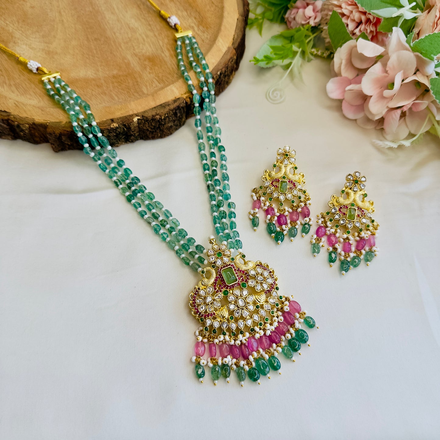 Mint Pink Peacock Design Pendant Necklace Set