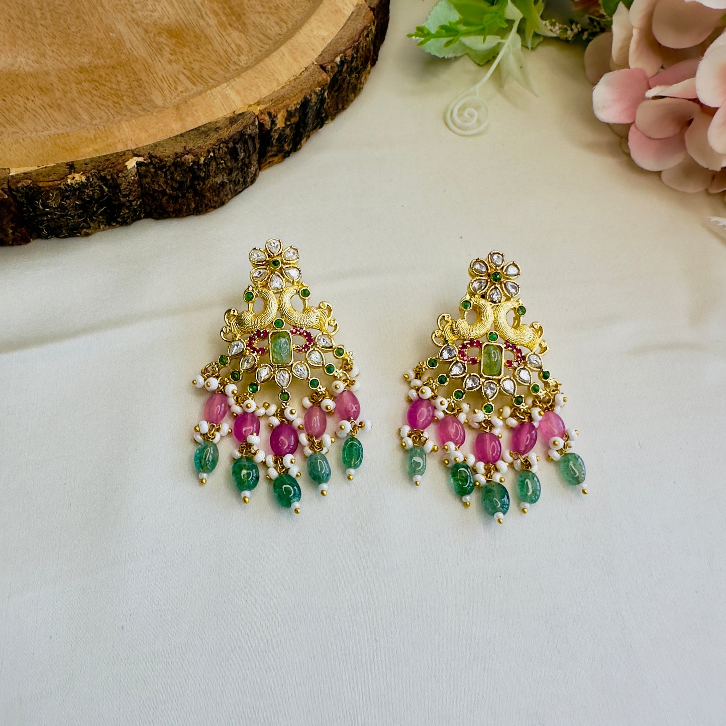 Mint Pink Peacock Design Pendant Necklace Set