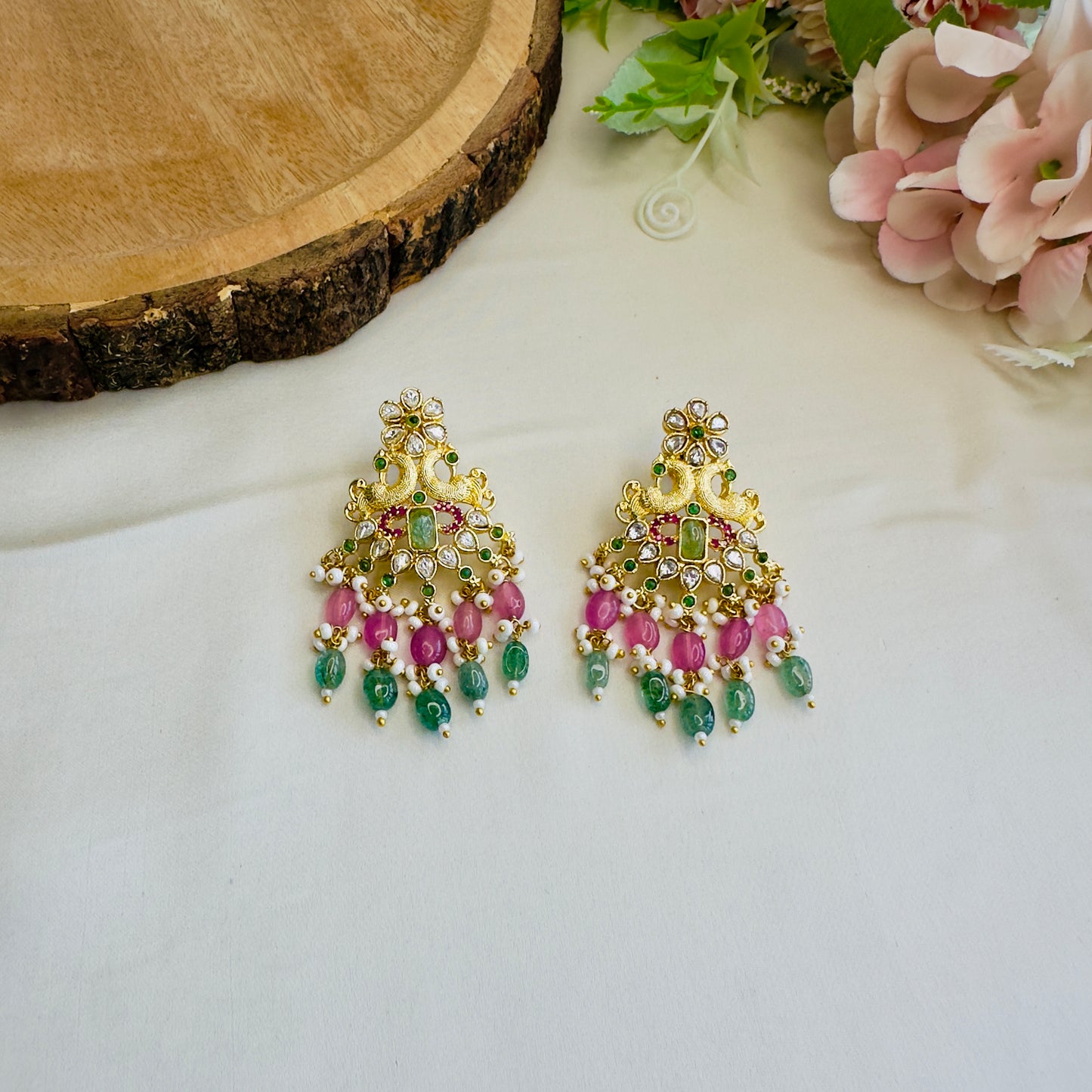 Mint Pink Peacock Design Pendant Necklace Set